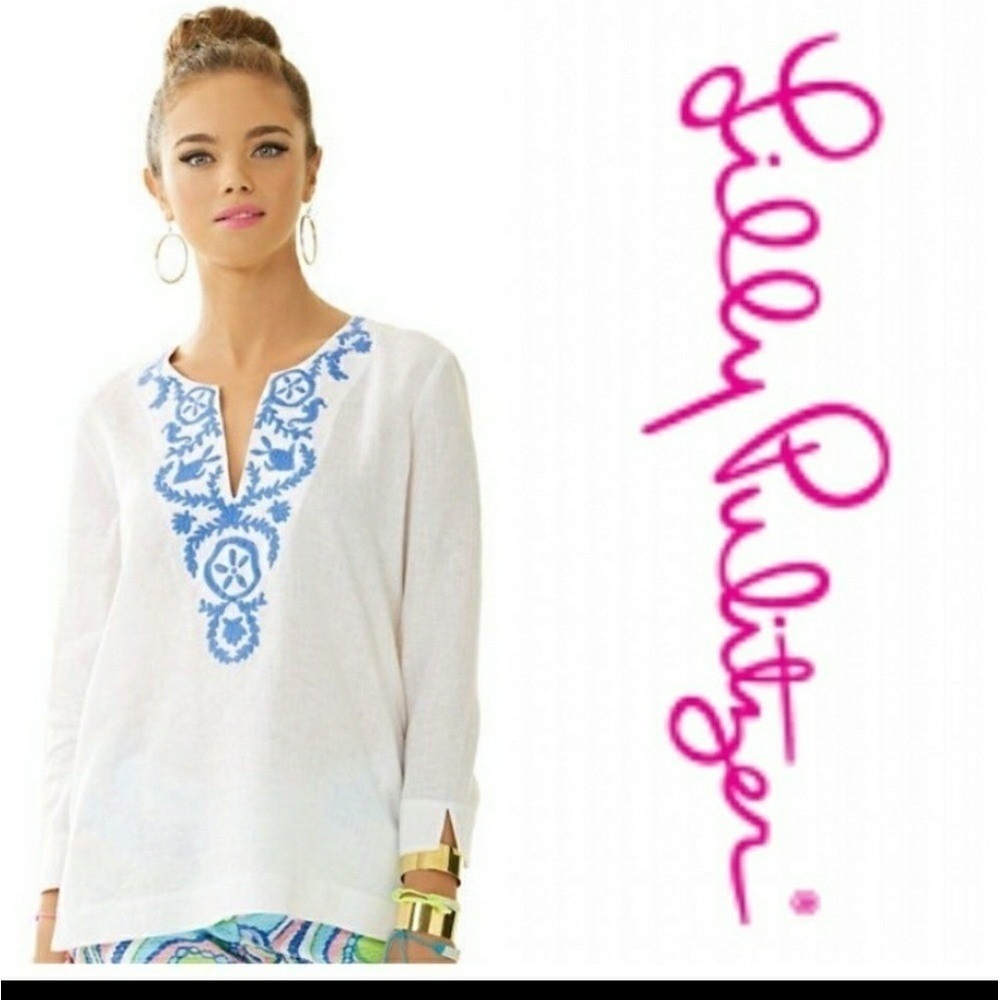 Lilly Pulitzer 100% linen blouse embroidered beach